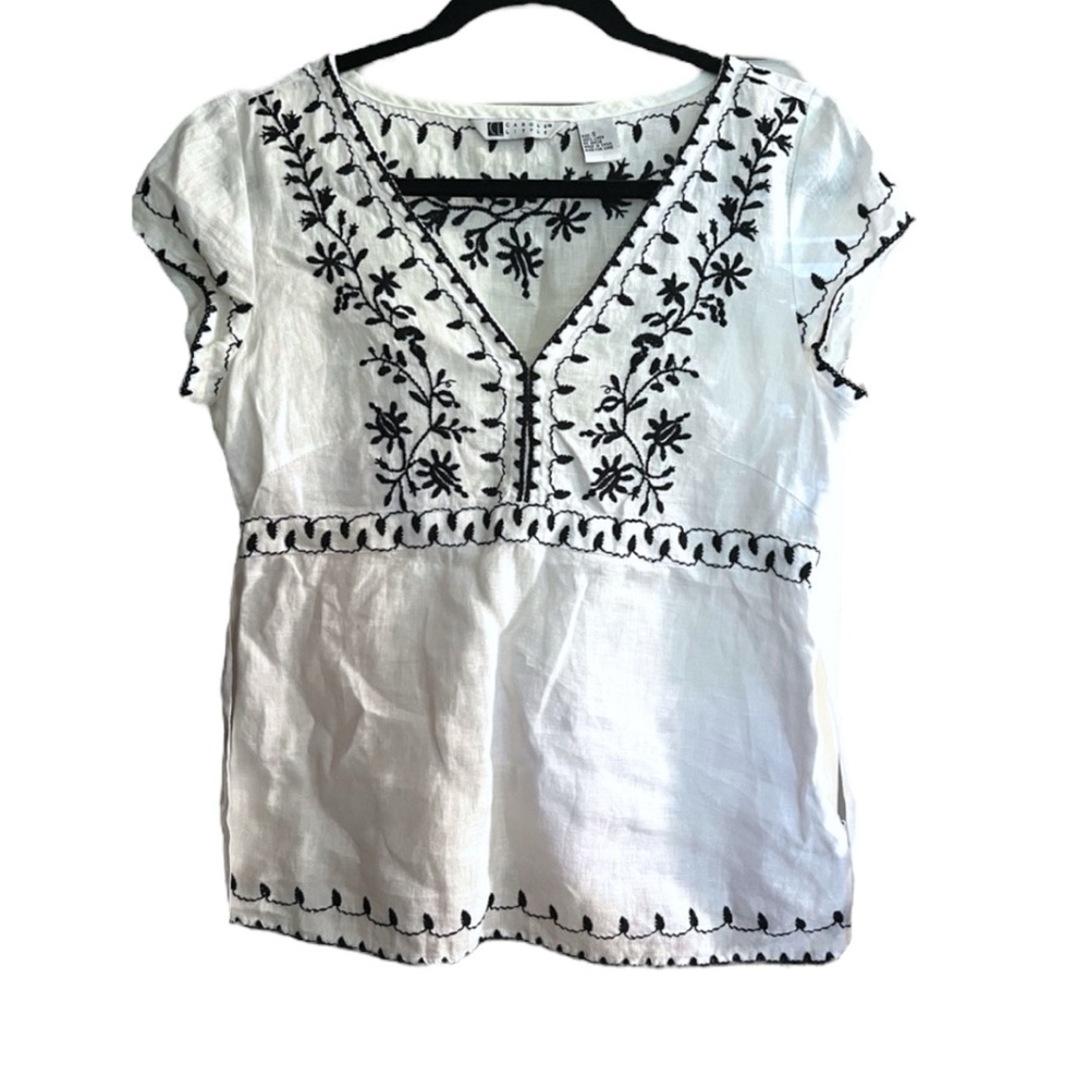 Carole Little White Blouse with Black Embroidery